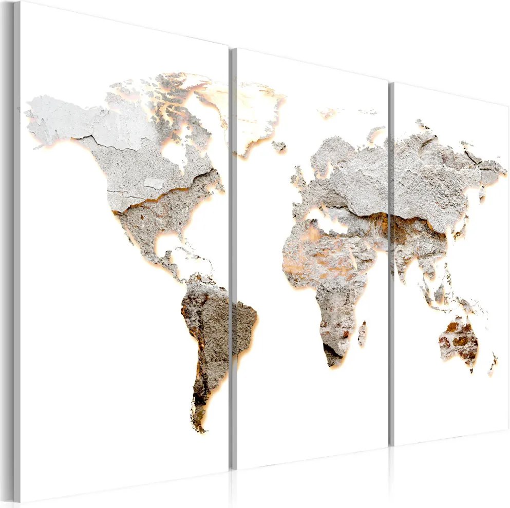 Schilderij - Wereldkaart , Continenten van Beton , 3 luik