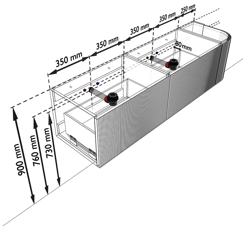 Mondiaz Kurve 165cm badmeubel ronding rechts dusk met 2 lades en 1 deur en wastafel big small dubbel/links zonder kraangat urban