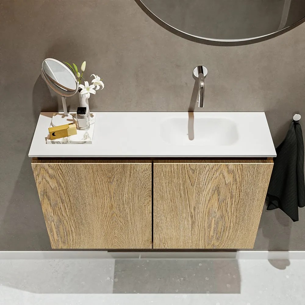Mondiaz Ture 80cm toiletmeubel washed oak met wastafel talc rechts geen kraangat