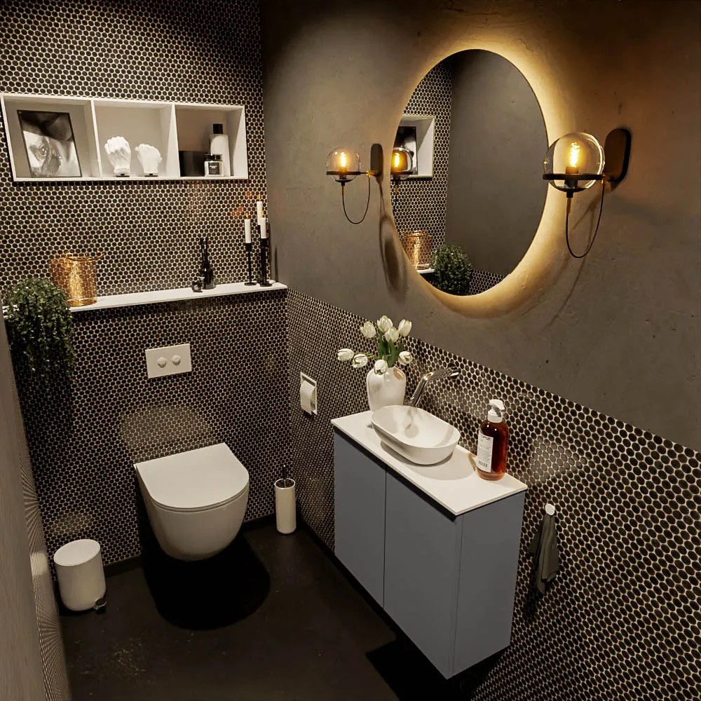 Mondiaz Fowy toiletmeubel 60cm dark grey met witte waskom midden zonder kraangat