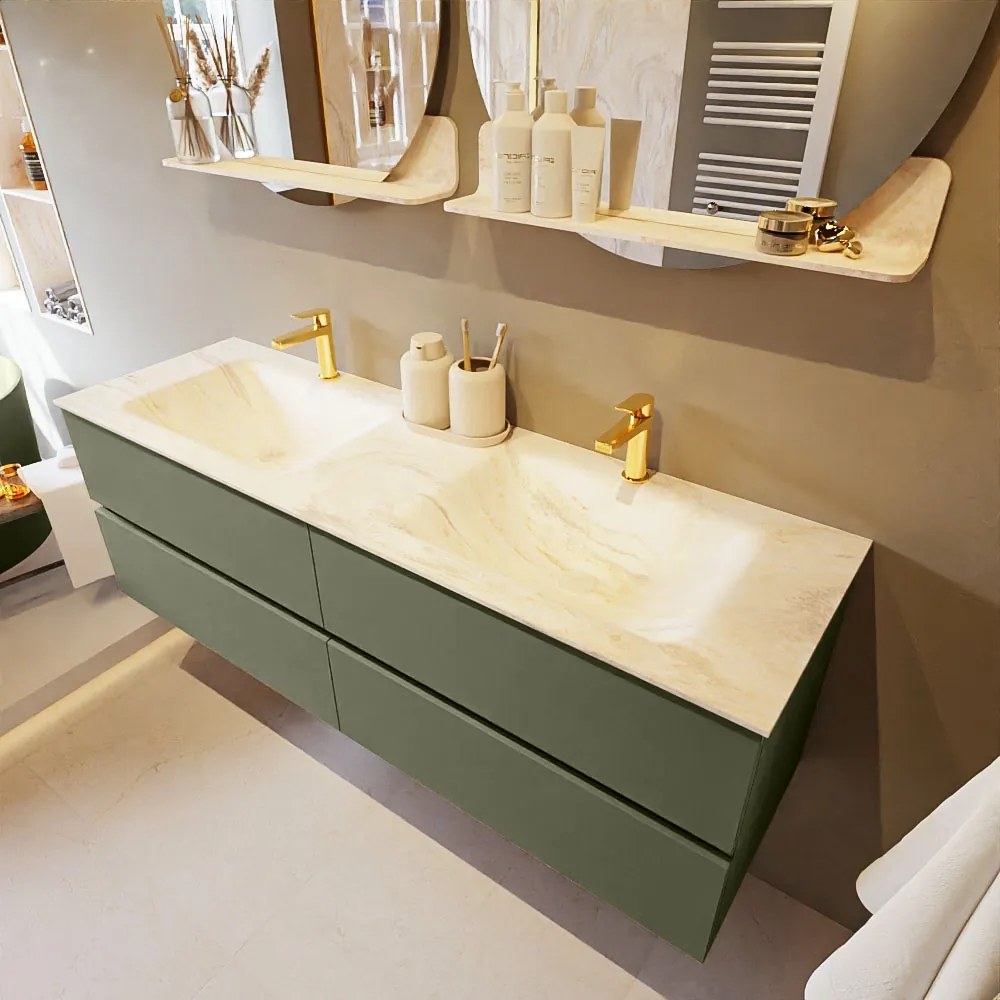 Mondiaz Vica DLux badmeubel 150cm army 4 lades met wastafel ostra dubbel 2 kraangaten