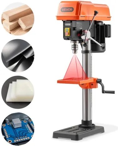 VEVOR Tafelboormachine 254 mm, Kolomboormachine 400 W, Staande boormachine met snelheidsregeling 440 tot 2600 tpm, Laser, Kantelbare tafel 45° & LED, Boormachine voor hout- en metaalbewerking