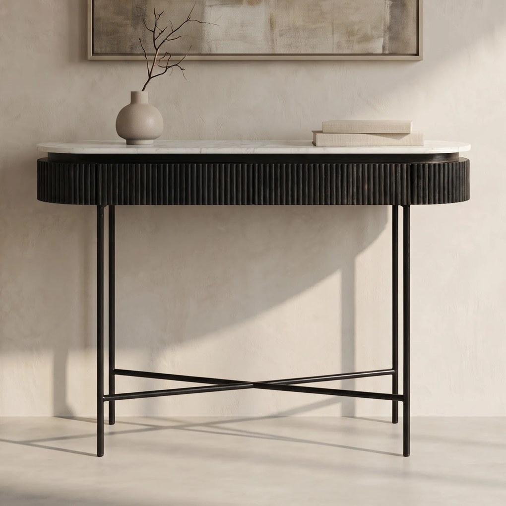 Ovale Sidetable Zwart Met Wit Marmer - 100 X 32cm.
