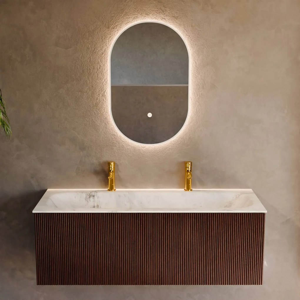 Mondiaz Kurve-dlux 120cm badmeubel ruby met 1 lade en wastafel big large midden 2 kraangaten opalo