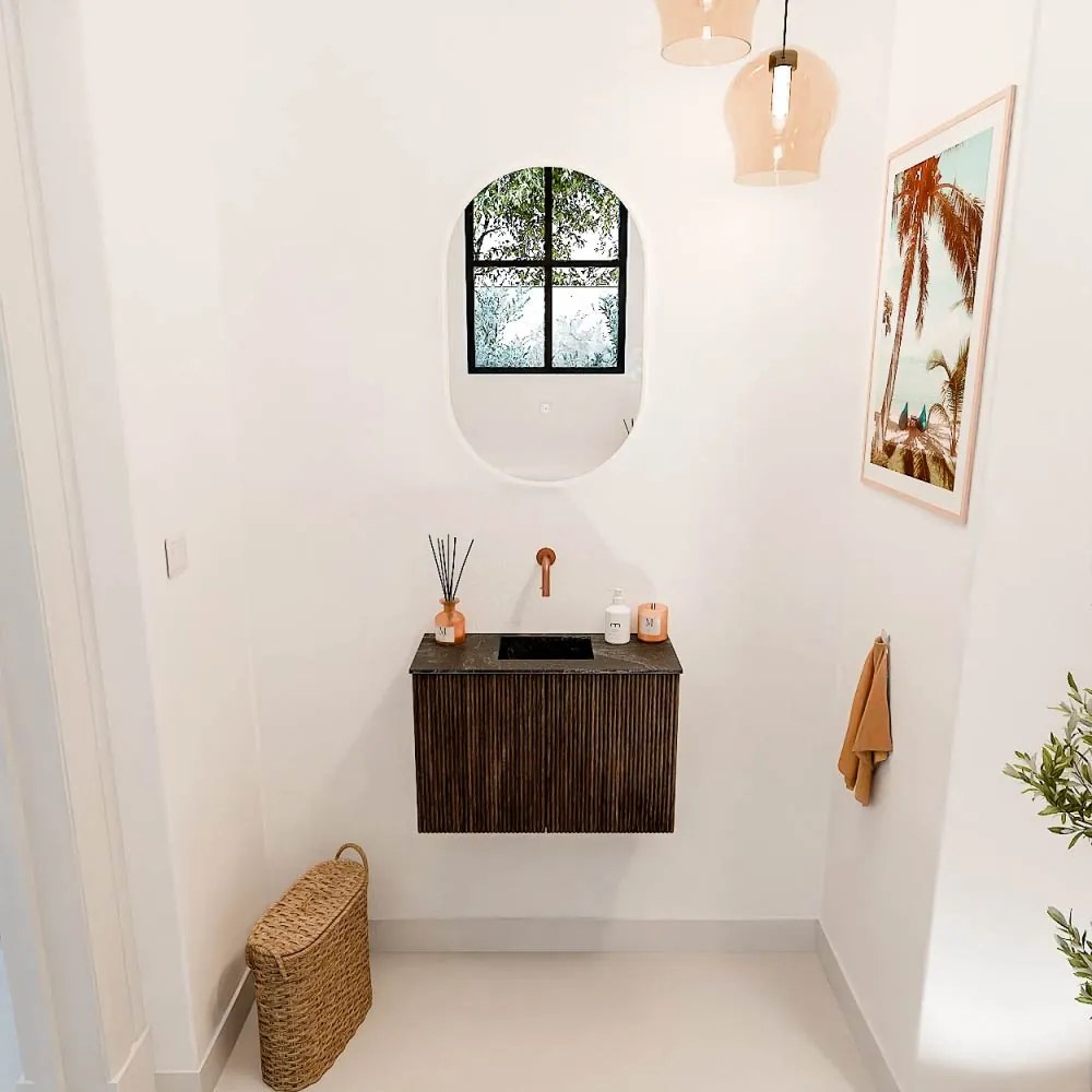 Mondiaz Joya DLux 60cm toiletmeubel walnut met wastafel faye midden zonder kraangat lava