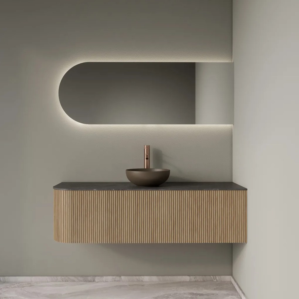 Gliss Design Alluro badmeubel ribbelfront met ronding links 140cm mist en zwart leisteen toppaneel