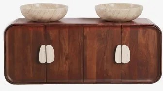 Dubbel Zwevend Badkamermeubelset 130x45 Cm Van Mangohout En Natuurlijke Kivalina-steen Travertijn - Donker Mangohout & 2 X Ronde Travertijn Ø40 -