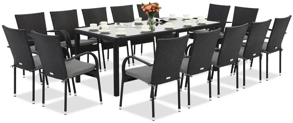 Milan technorattan tuinmeubelen voor 14 personen met grote Garden Point tafel zwart
