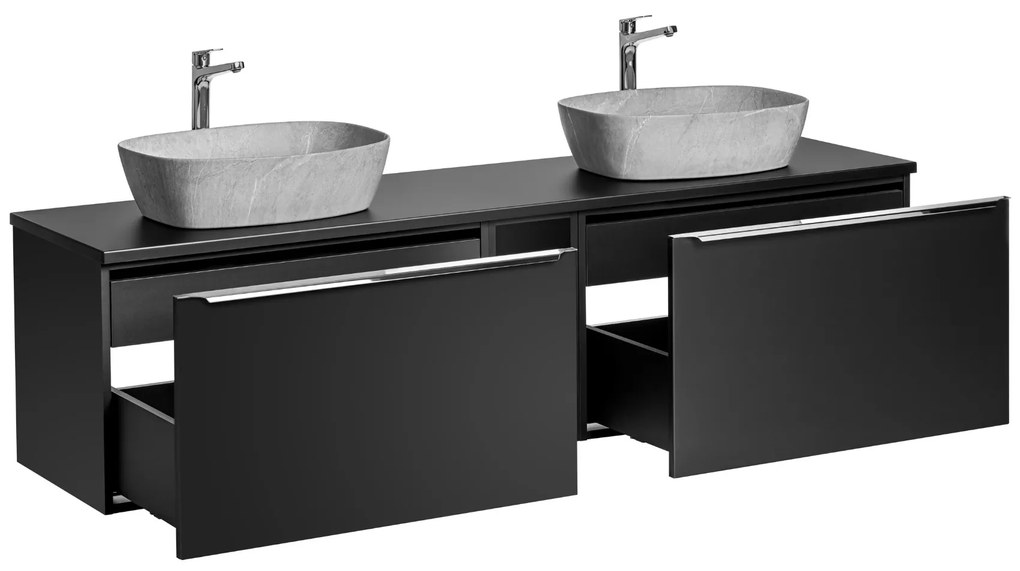 Comad Santa Fe Black badkamermeubel 180cm zwart mat met open kast en 2 mat grijze waskommen