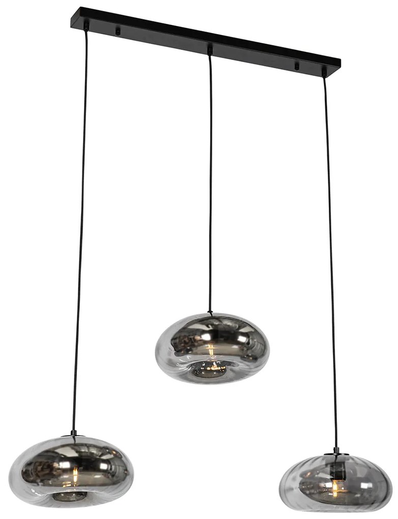 Eettafel / Eetkamer Hanglamp zwart met smoke glas langwerpig 3-lichts - Ayesha Art Deco E27 Binnenverlichting Lamp