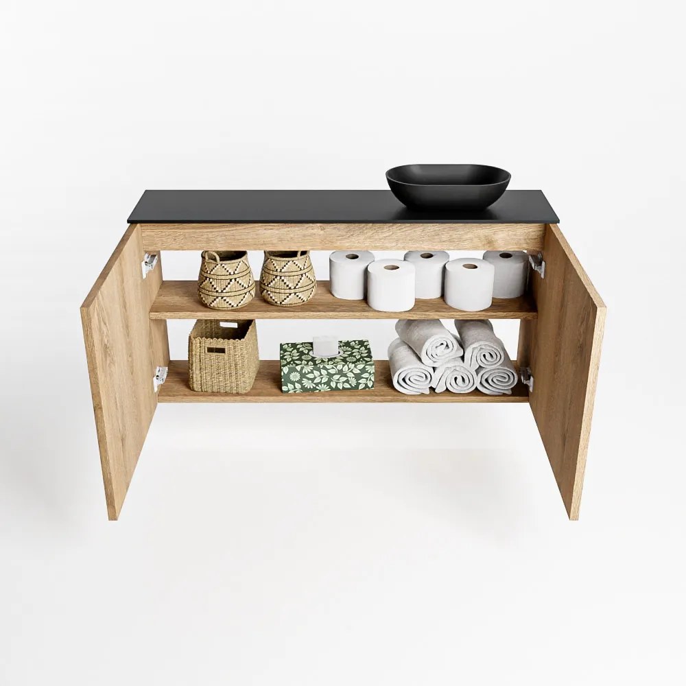 Mondiaz Fowy toiletmeubel 100cm washed oak met zwarte waskom rechts zonder kraangat