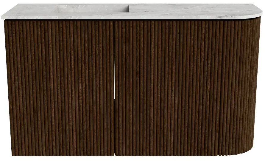 Mondiaz Joya DLux 70cm toiletmeubel ronding rechts walnut met wastafel faye links zonder kraangat glace
