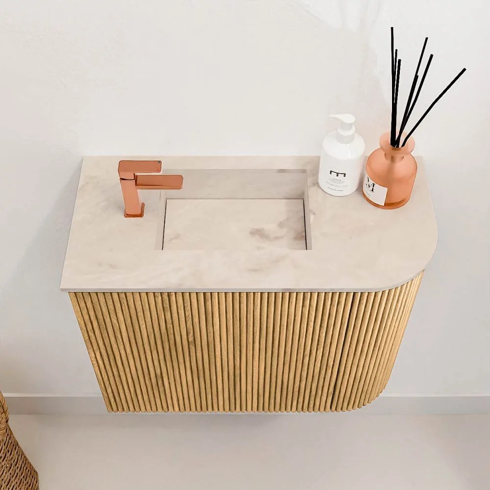 Mondiaz Joya DLux 50cm toiletmeubel ronding rechts oak met wastafel faye links 1 kraangat frappe