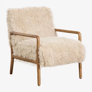 Fauteuil In Rubberhout En Synthetisch Haar Maylene Crème Beige Synthetisch Haar - Sklum