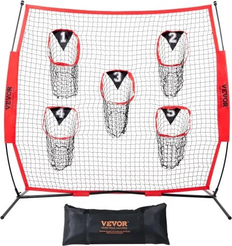 VEVOR 217 x 125,5 x 223 cm voetbaltrainer werpnet, trainingswerpnet met 5 doelvakken, knooploos net, inclusief boogframe en draagbare draagtas, verbetert de nauwkeurigheid van QB-werpen