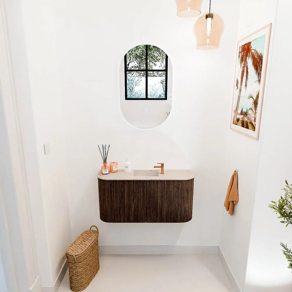 Mondiaz Joya DLux 85cm toiletmeubel ronding links/rechts walnut met wastafel faye midden 1 kraangat frappe