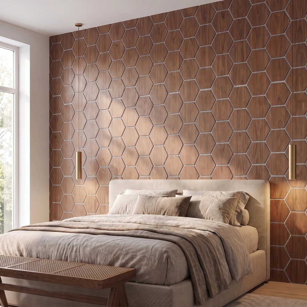 Hexagon Panel Walnoot met Grijs Vilt 81CM | Akoestisch | Wanddecor | Zeshoekig- Grijs vilt