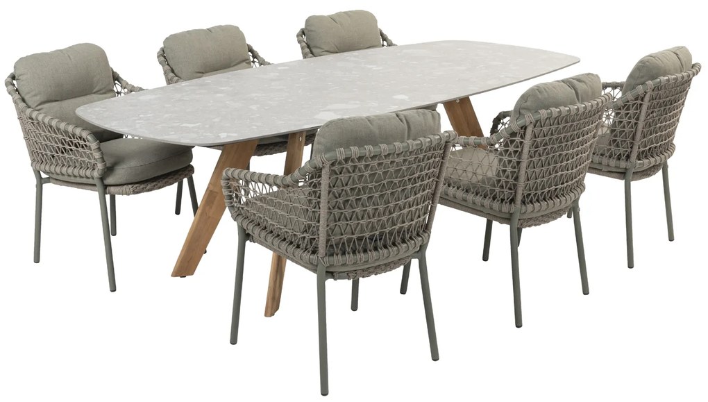 4 Seasons Outdoor Jura tuinset olijfgroen met Montana tafel met keramisch terrazzo blad 240 x 103 cm  Tuinset    taupe weerbestendig