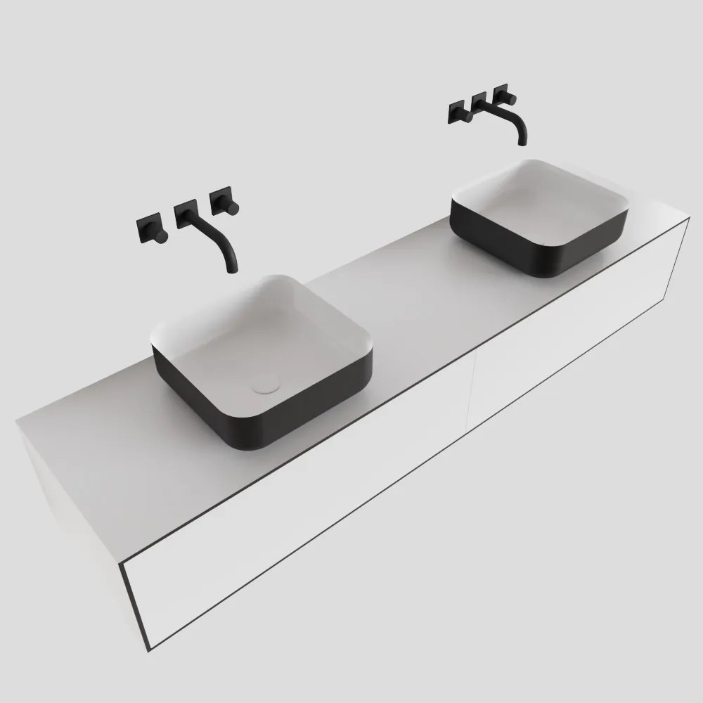 Zaro Lagom volledig naadloos solid surface onderkast met topblad 180cm mat zwart met 2 lades Push tot open. Compleet met solid surface opzetkom met 0 kraangat(en)