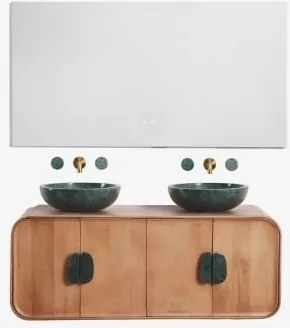Dubbel Zwevend Badkamermeubelset 130x45 Cm Van Mangohout En Natuurlijke Kivalina-steen Rectangular Led And Antifog 140x75 Cm Riben & Udaipur Groen Mar