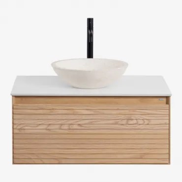 Tedrik Badkamermeubelset In Essenhout Ash Brown & Rond Cement Wit Ø40 Cm Zavion & Spiegelloze & Zwart ↑30 Cm Met Aftapkraan Zonder Overloop Orveta -