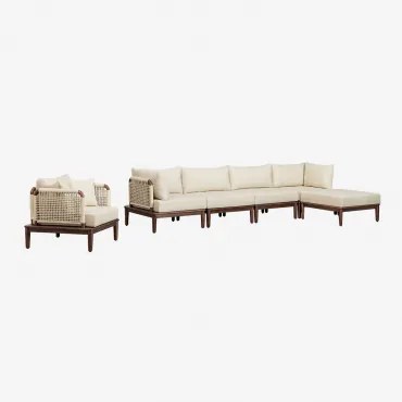 Tuinset Met Modulaire 4-delige Bank Met 2 Hoekfauteuils, Poef En Acaciahouten Fauteuil Giulia Donker Acaciabruin - Sklum