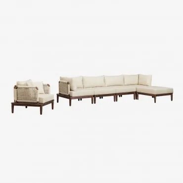 Tuinset Met Modulaire 4-delige Bank Met 2 Hoekfauteuils, Poef En Fauteuil In Acacia Giulia Beige – Crème - Sklum