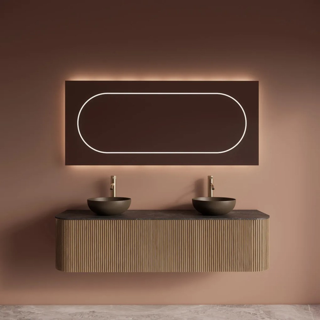 Gliss Design Alluro badmeubel ribbelfront met ronding links/rechts 160cm mist en zwart leisteen toppaneel