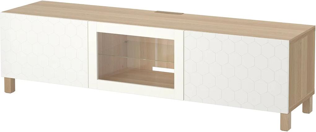BESTÅ Tv-meubel met lades en deur wit gelazuurd eikeneffect/Vassviken/Stubbarp wit helder glas