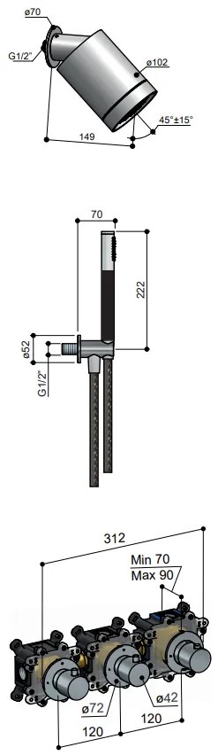 Hotbath Archie thermostatische doucheset met 3 standen handdouche gunmetal geborsteld PVD