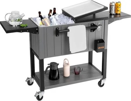 VEVOR gekoelde drankwagen 75,71 liter, geschikt voor maximaal 50 flessen / 110 blikjes, bijzettafel voor terrasfeesten en bars met bodemplank, zijplanken, flesopener en deksel, zwarte drankkoeler