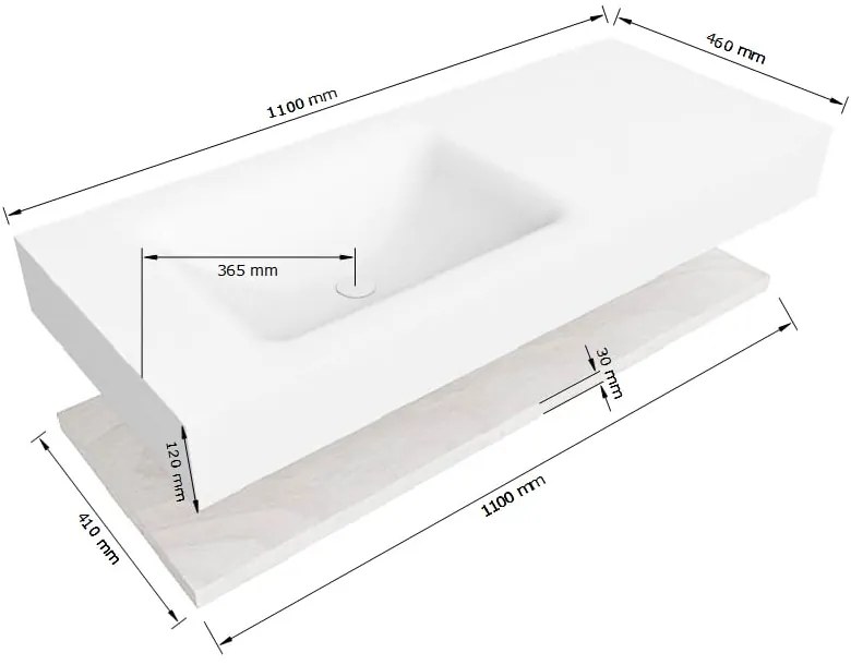 Zaro Alan badmeubel 110cm met planchet washed oak en vrijhangende wastafel cloud links zonder kraangat urban