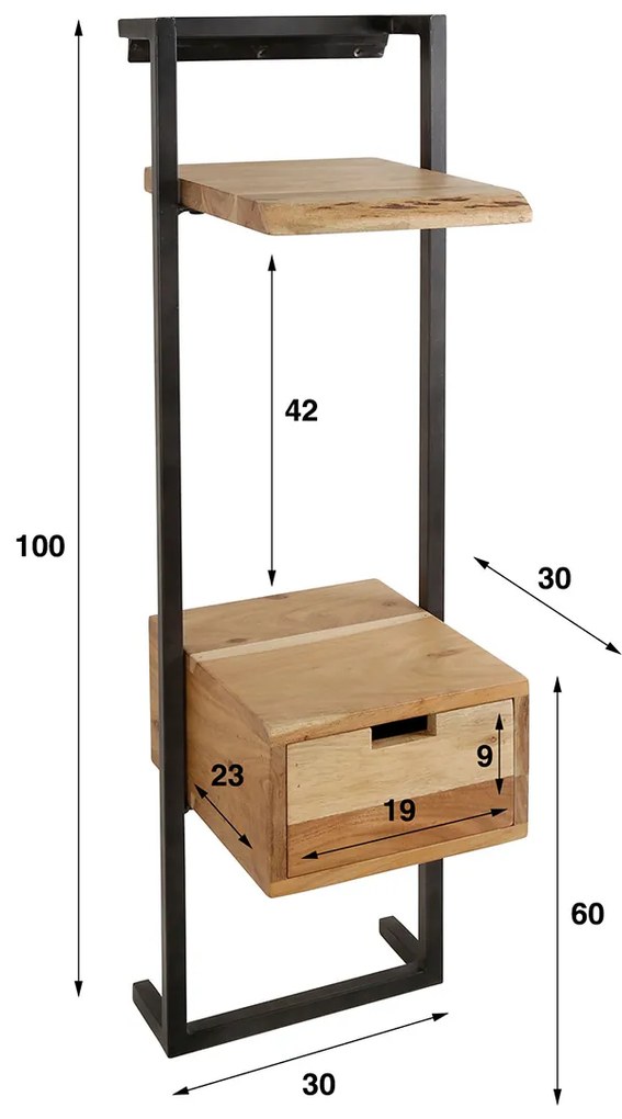 Wandnachtkastje Met Plank Licht - 30x30x100cm.