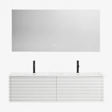 Conjunto Vaniteit Hangend 160x50 Cm In Hout Met Geïntegreerde Waskommen Noura Wit & Rectangular Led And Antifog 160x75 Cm Riben & 2 X Matzwart ↑20 Cm