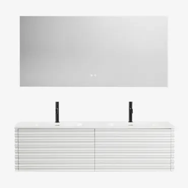 Noura Houten Badkamermeubelset Met Geïntegreerde Wastafels Wit & Rectangular Led And Antifog 160x75 Cm Jorvi & 2 X Zwart ↑20 - Sklum