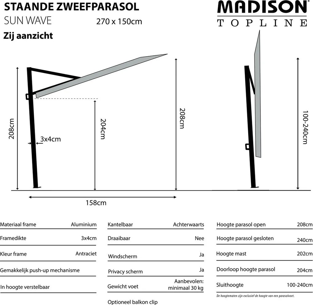 Madison Sun Wave stokparasol 270x150 cm - taupe