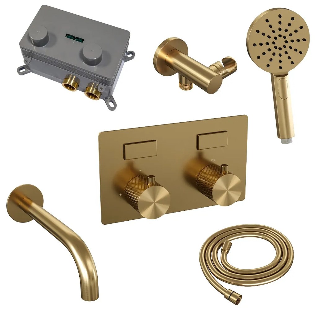 Brauer Gold Carving thermostatische inbouw badkraan met uitloop en 3 standen handdouche set 4 messing geborsteld PVD