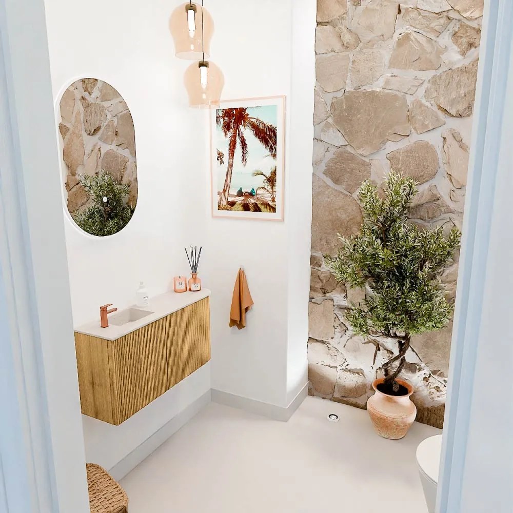 Mondiaz Joya DLux 80cm toiletmeubel ronding rechts oak met wastafel faye links 1 kraangat meli