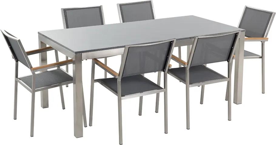 Tuinset gepolijst graniet/RVS grijs enkel tafelblad 180 x 90 cm met 6 stoelen grijs GROSSETO