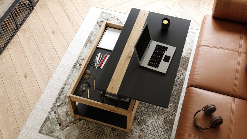 LUSSO Zwart Mat/Artisan Eik - MODERNE SALONTAFEL MET VERHOOGD BLAD + OPBERGRUIMTE + SCHAP (OP WIELEN!)