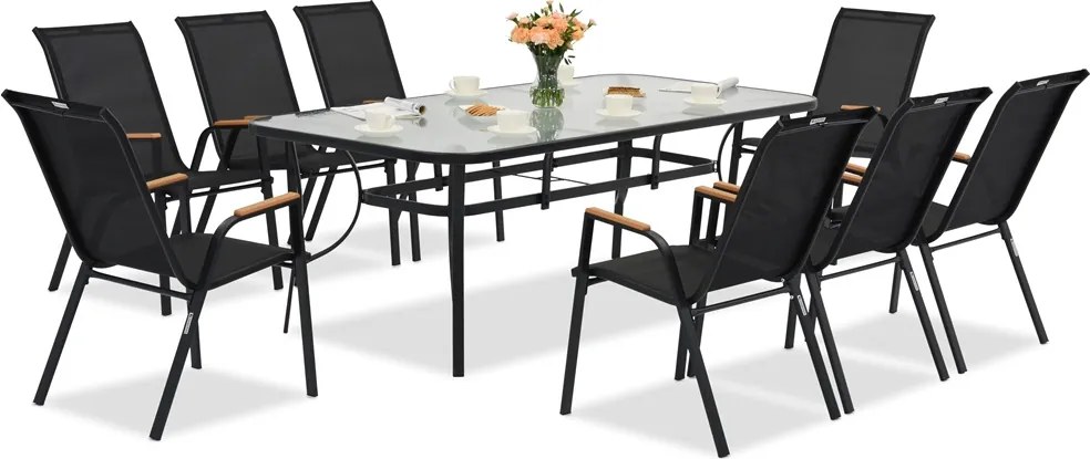 Modena/Bitonto Wood metalen tuinmeubelen voor 8 personen met grote Garden Point tafel zwart