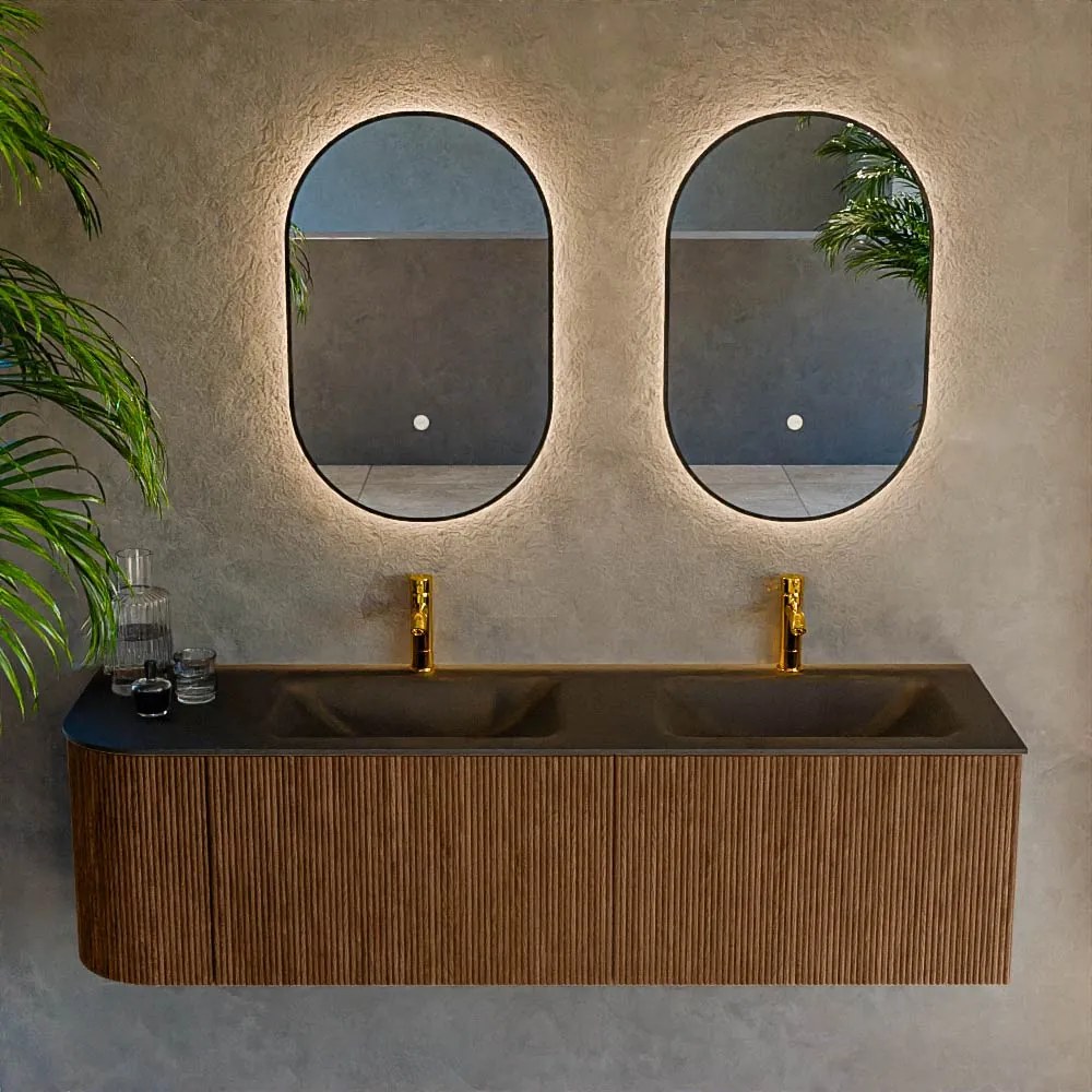 Mondiaz Kurve 155cm badmeubel ronding links walnut met 2 lades en 1 deur en wastafel cloud dubbel/rechts 2 kraangaten urban