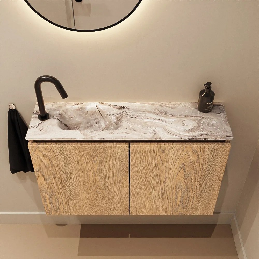 Mondiaz Ture DLux toiletmeubel 80cm washed oak met wastafel glace links met kraangat