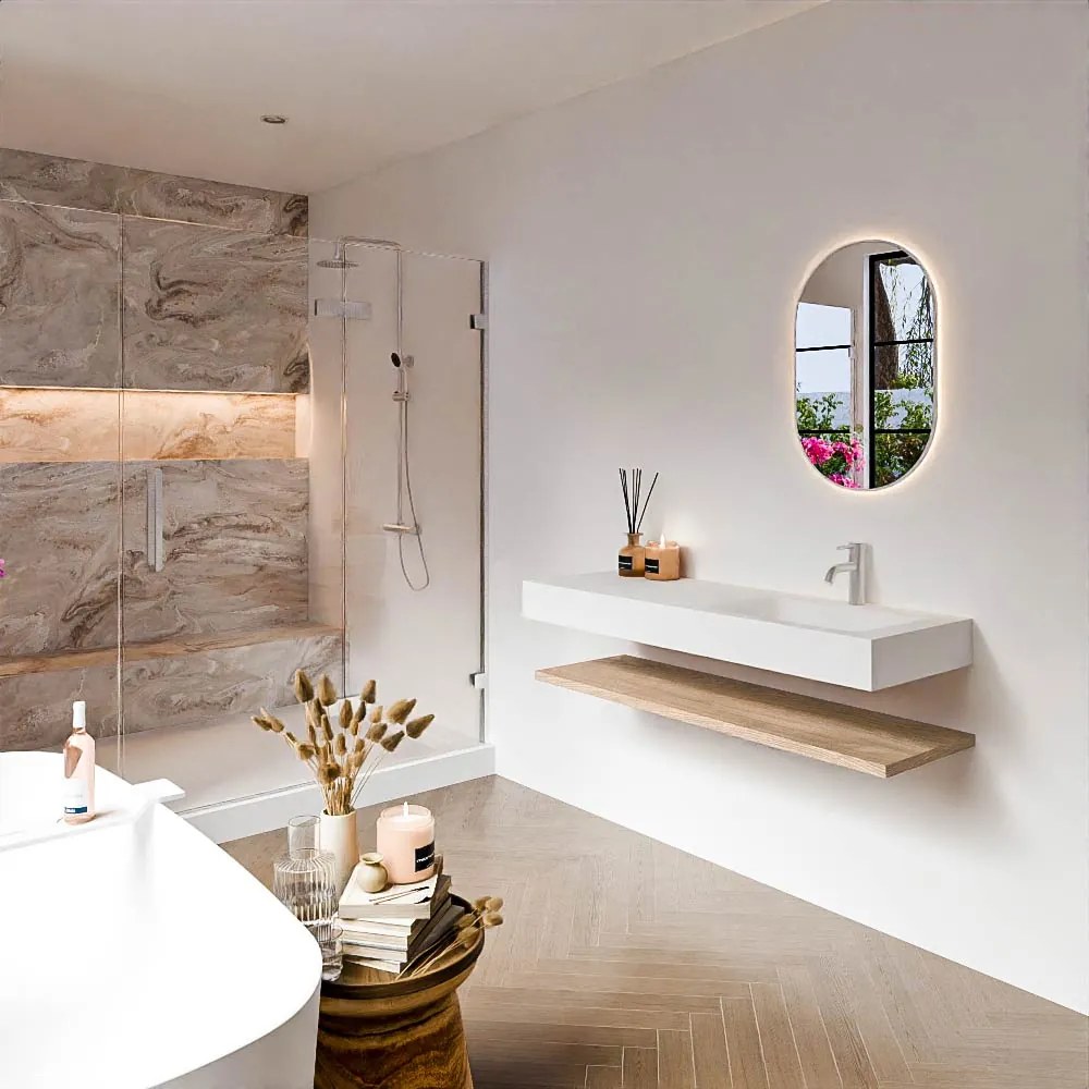 Zaro Alan badmeubel 130cm met planchet washed oak en vrijhangende wastafel cloud rechts 1 kraangat talc