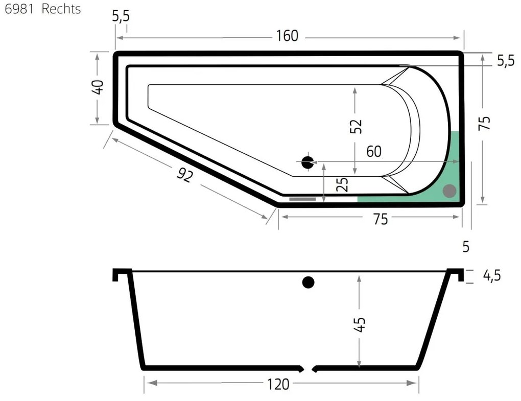 Xenz Lagoon Compact badkuip rechts 160x75x40cm edelweis