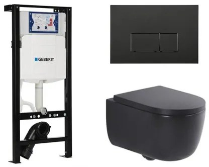 QeramiQ Dely Swirl Toiletset - 36.3x51.7cm - Inbouwreservoir met Geberit UP320 spoelmechanisme - 35mm zitting - mat zwarte metalen bedieningsplaat - rechthoekige knoppen - mat zwart SW1381697/SW706193/SW1000769/SW1026258