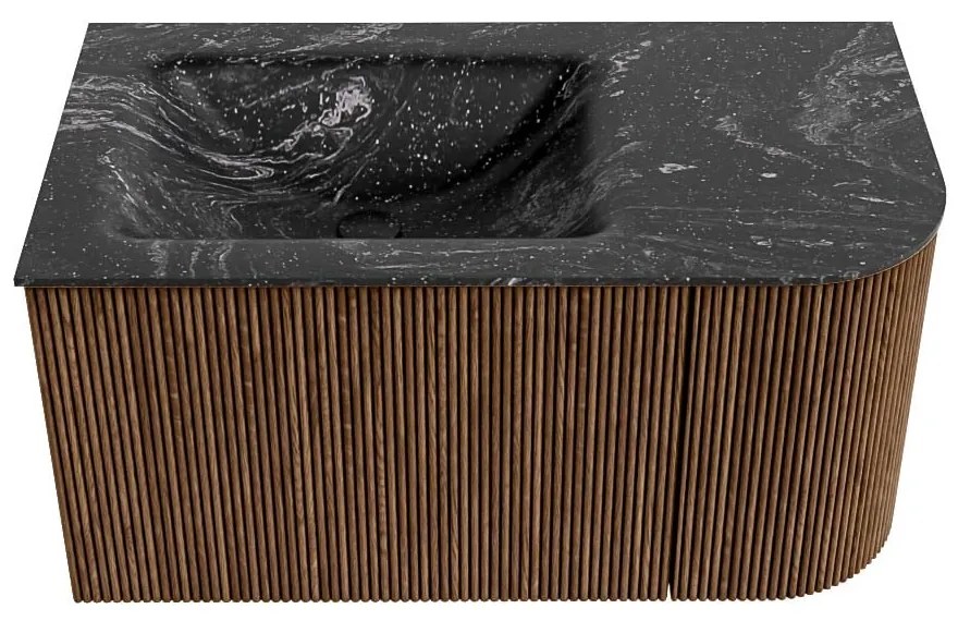 Mondiaz Kurve-dlux 85cm badmeubel ronding rechts walnut met 1 lade en deur en wastafel cloud links zonder kraangat lava