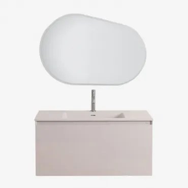 Macrae Zwevend Houten Badkamermeubelset Met Geïntegreerde Wastafel Beige – Linnen & Ovaal Led En Anticondens 100x80 Cm Riben & Geborsteld Grijs ↑20 Cm