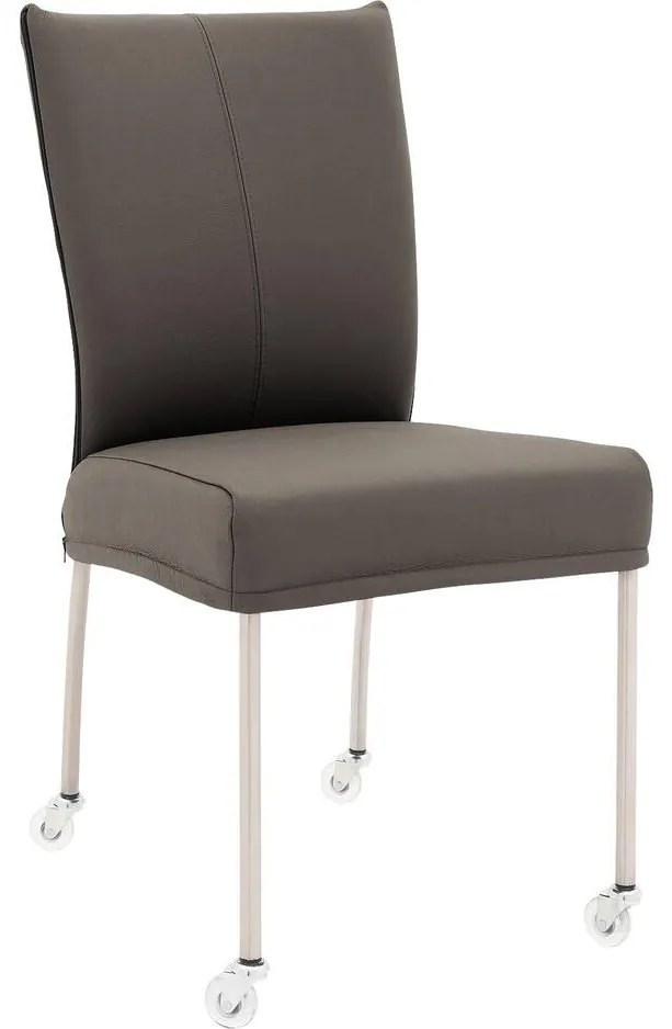 Goossens Eetkamerstoel Funk RVS Poten grijs leer leuning en Transparant skater wiel met rvs kapmet wielen, modern design