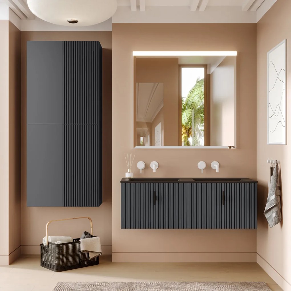 Muebles Raya badmeubel ribbelfront 120cm antraciet mat met zwarte wastafel zonder kraangat